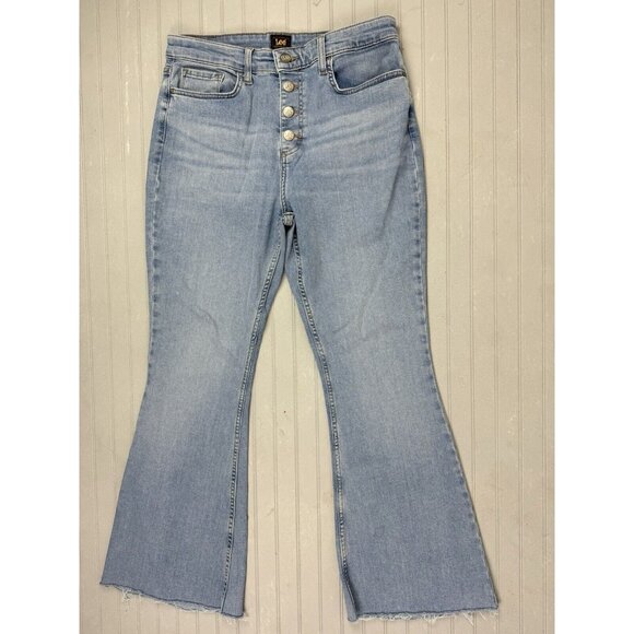 Lee Heritage Size 33x28.5 (Measured) Womens Jeans Flare Raw Hem Button F… - Picture 1 of 4